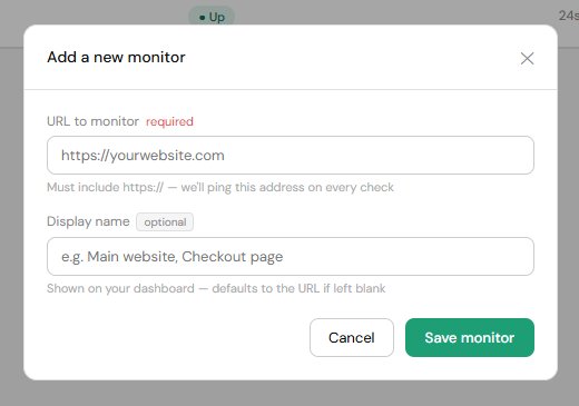 Add a new monitor form showing URL and display name fields