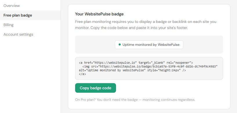 Free plan badge page showing badge code and copy button