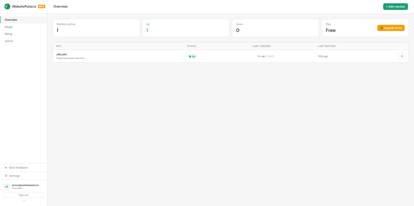 WebsitePulse.io dashboard overview showing the Add monitor button