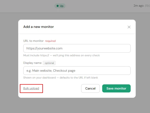 Add monitor dialog with the Bulk upload link highlighted in the bottom left