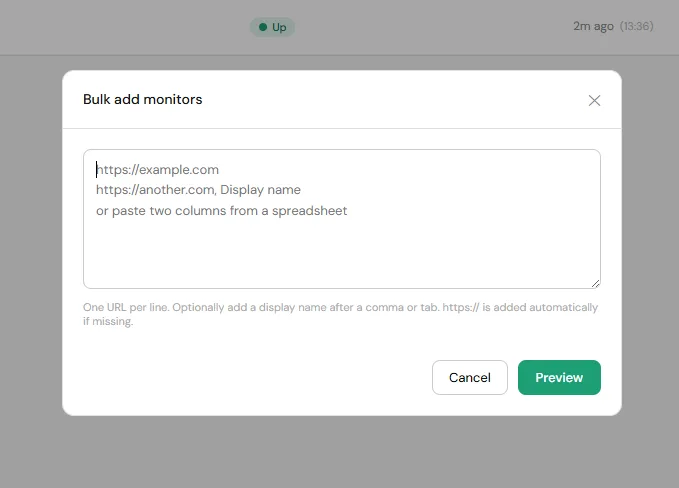 Bulk upload text box with URLs pasted in, one per line
