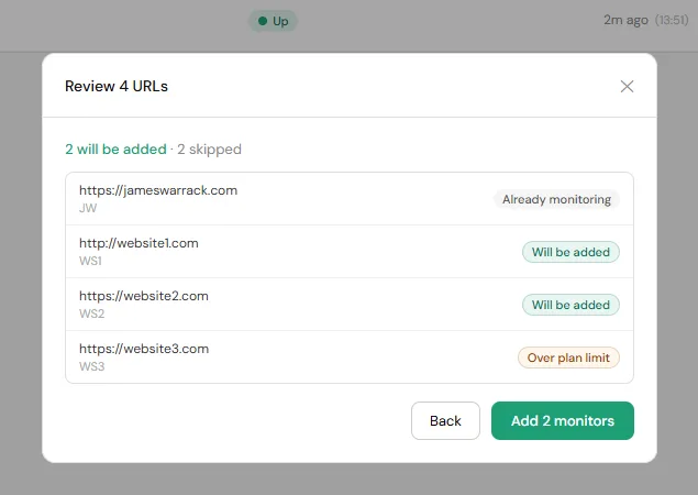 Bulk upload preview table showing URLs with their status before confirming