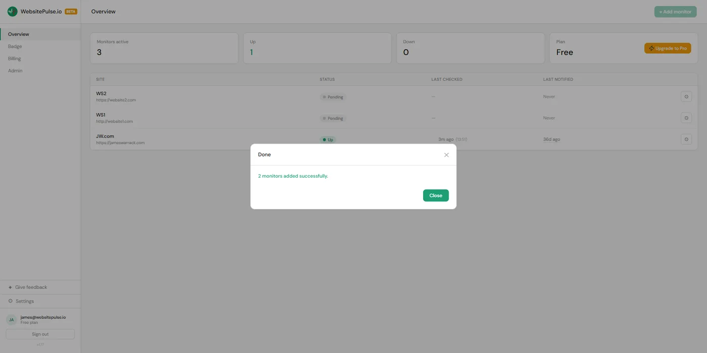 Bulk upload success screen showing monitors added successfully