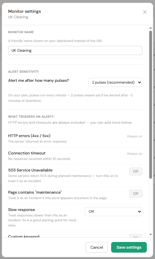 Monitor settings modal showing Alert sensitivity and What triggers an alert sections
