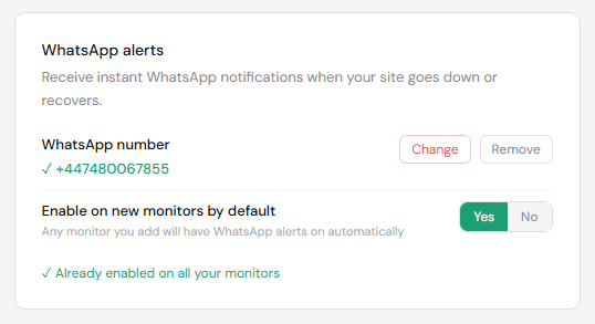 Account settings page showing WhatsApp number verification